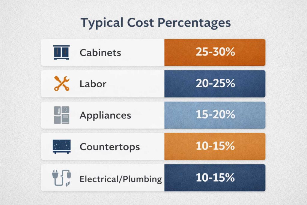 Kitchen remodel cost breakdown showing cabinets, labor, appliances, and materials