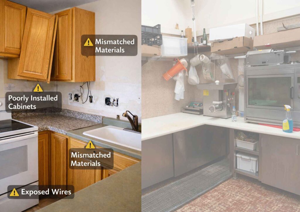 Common kitchen remodel mistakes like poorly installed cabinets or mismatched materials