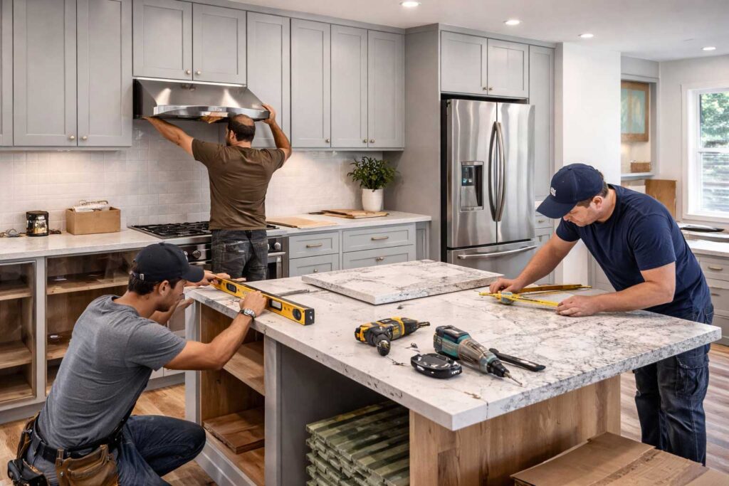 Overview of a kitchen remodeling project in progress