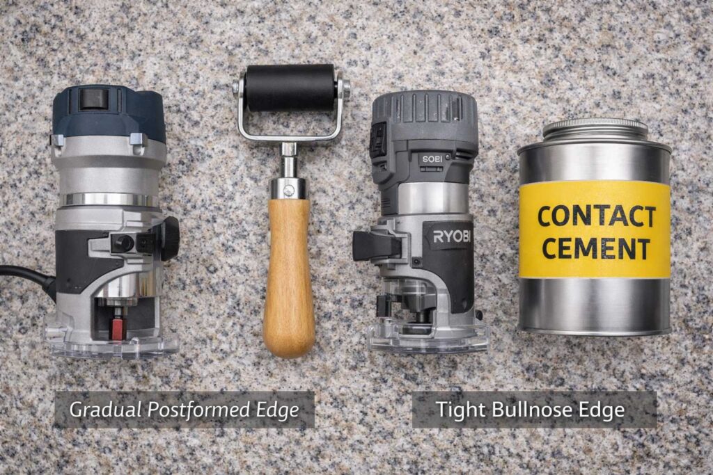 Router with flush-trim bit, J-roller, and contact cement for laminate installation