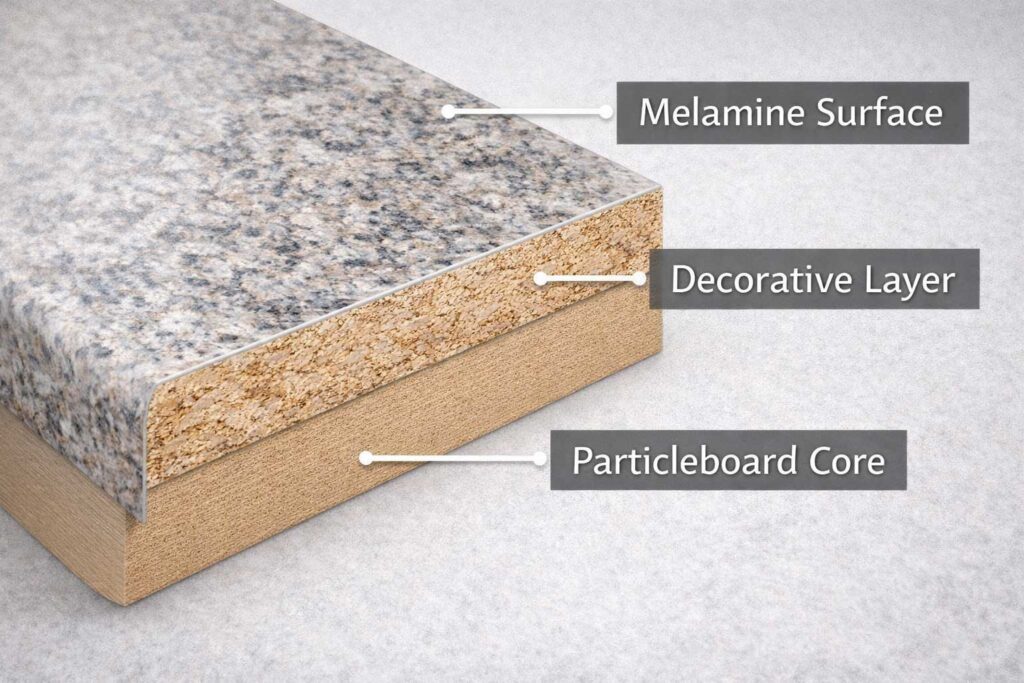 Laminate kitchen worktop cutaway showing particleboard core and protective wear layer