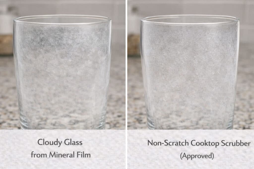 Comparison of removable hard water film and permanent etched glass