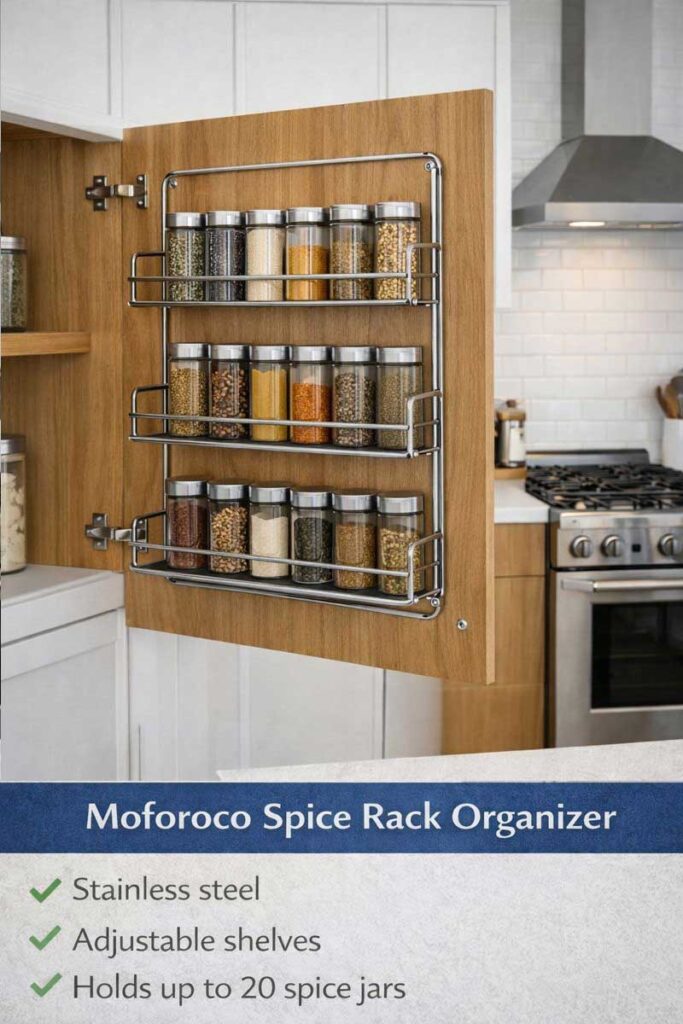 Moforoco adjustable spice rack organizer installed on a cupboard door