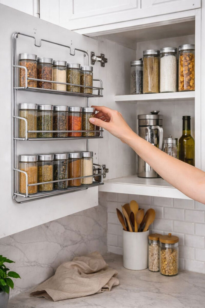 Organizer Hanging Storage Rack installed in a professional kitchen, holding spices and other items