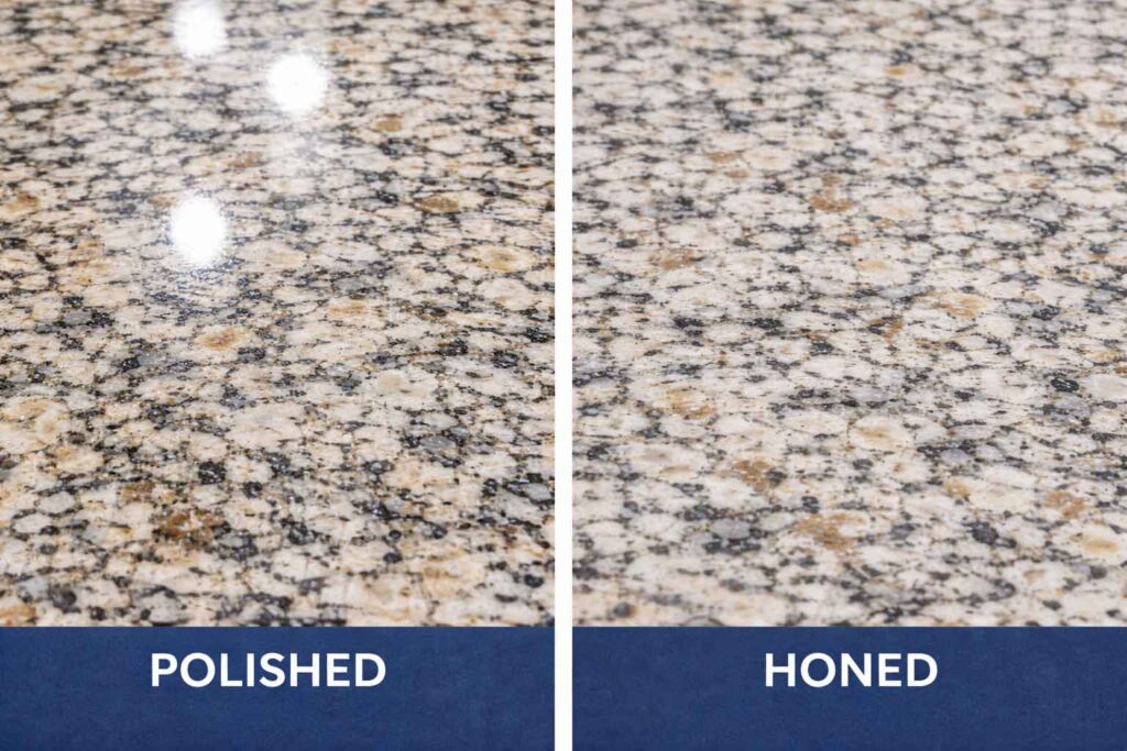 Polished and honed granite countertop surfaces showing finish differences