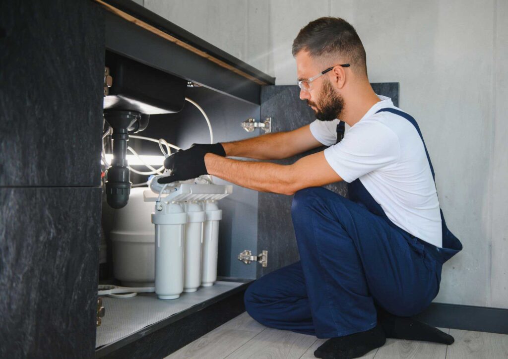 Professional plumber installing sink plumbing in kitchen island.