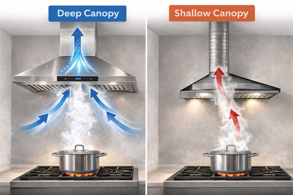 Range hood canopy depth comparison showing smoke capture performance