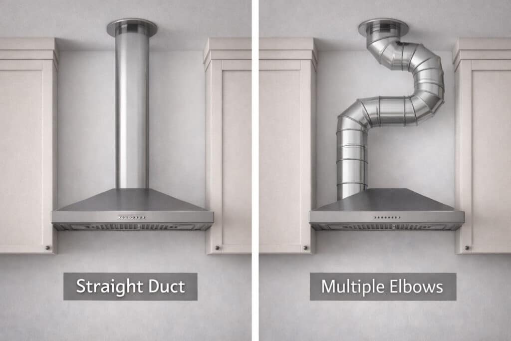 Range hood duct run comparison showing straight duct versus multiple elbows