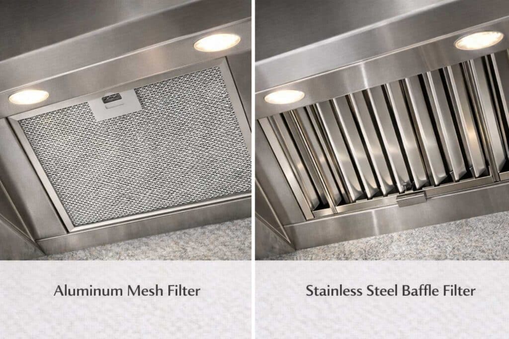 Aluminum mesh filter next to stainless steel baffle filter for range hood