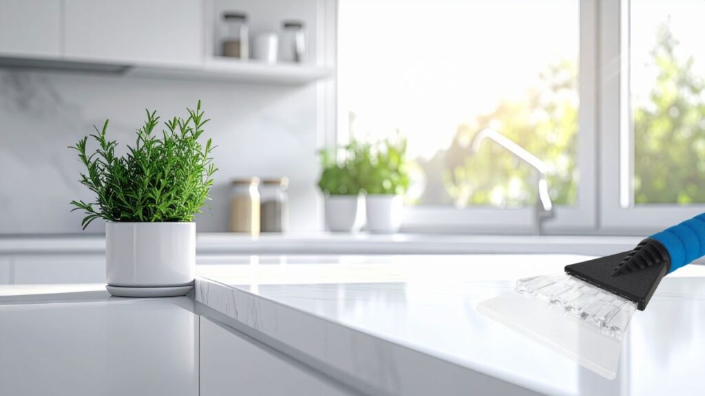 Using a plastic scraper to remove dried residue from quartz countertops