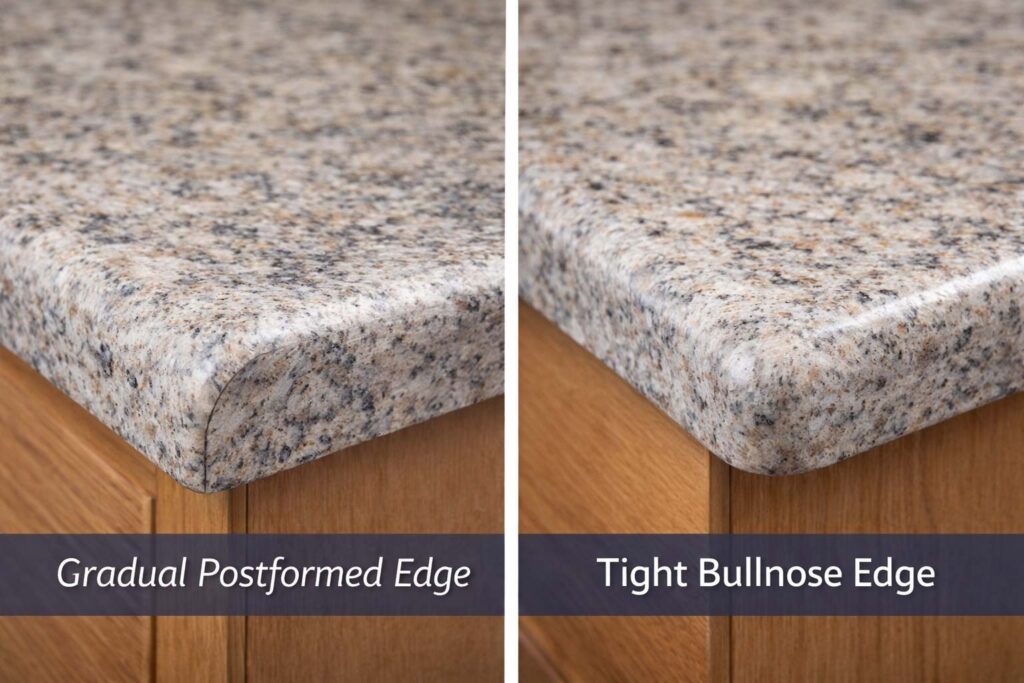 Comparison of gradual rounded countertop edge and tight bullnose profile