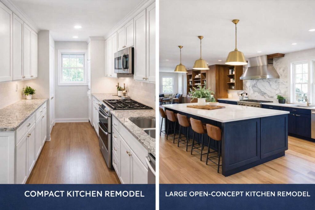 Small kitchen remodel compared to large open-concept kitchen remodel