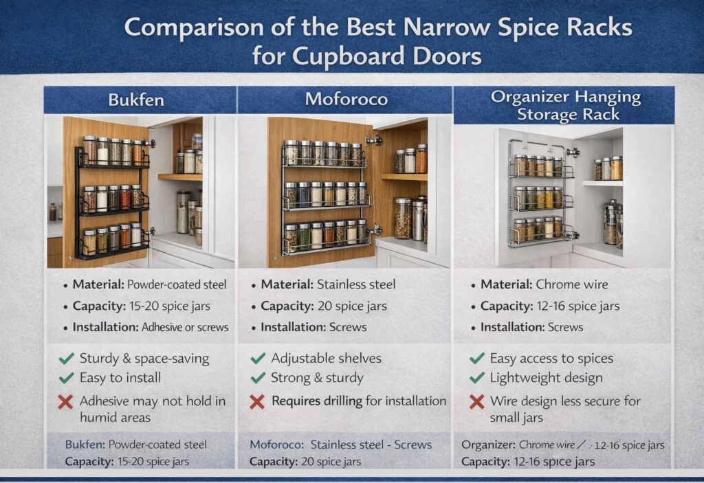 Comparison of the best narrow spice racks for cupboard doors: Bukfen, Moforoco, and Organizer Hanging Storage Rack