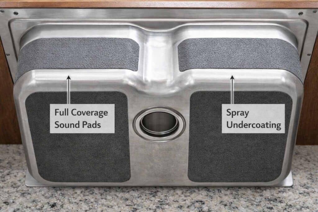 underside of stainless steel kitchen sink with sound dampening pads and undercoating