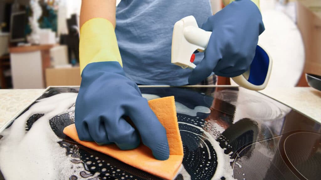Ceramic glass stove top cleaner, razor scraper, and non-scratch scrubber