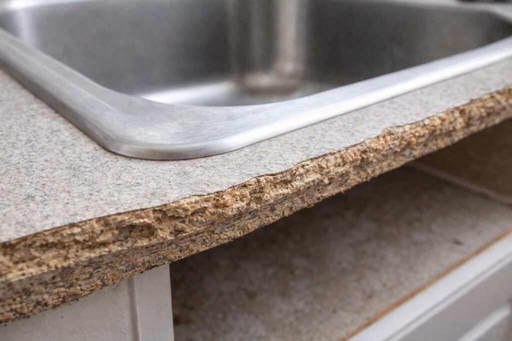 Swollen particleboard substrate at kitchen sink cutout