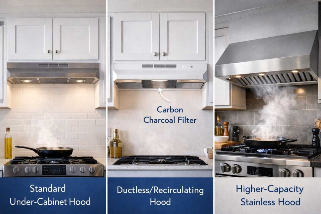 Comparison of under cabinet, ductless, and high CFM range hoods for gas stoves