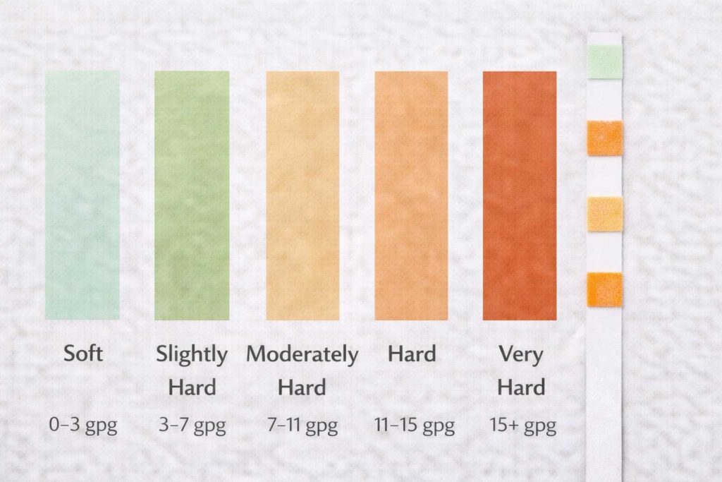 Water hardness test strip showing different mineral levels