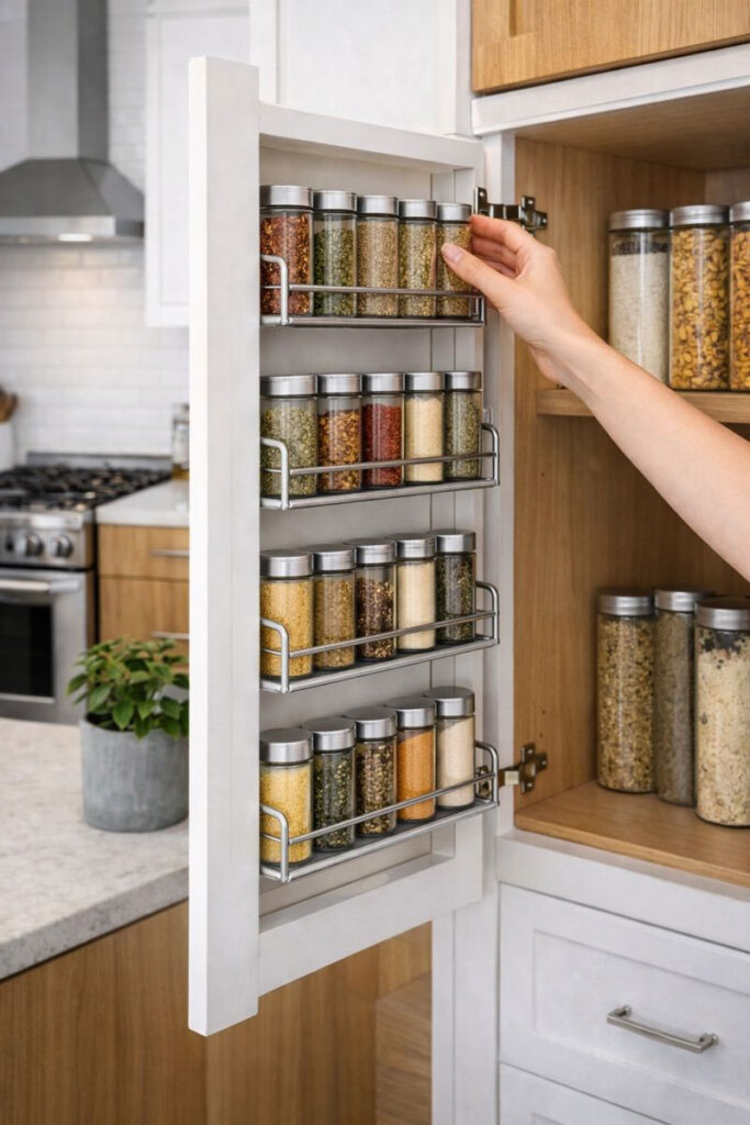 Narrow pull-out spice rack installed in a kitchen cupboard, showcasing an organized spice collection