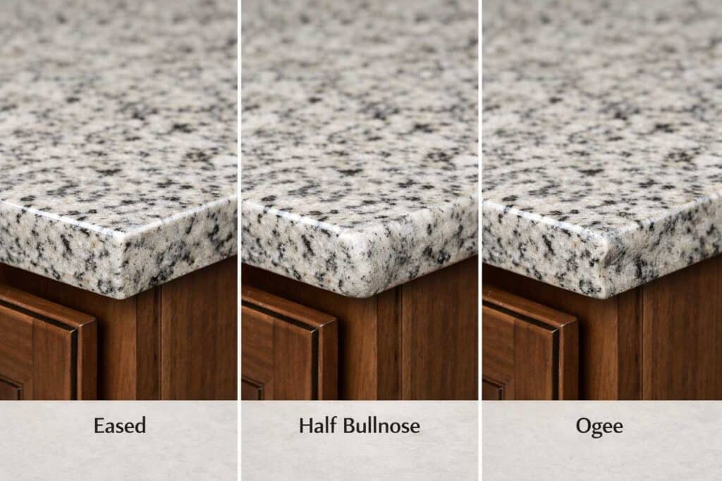Comparison of eased, half bullnose, and ogee granite countertop edge profiles