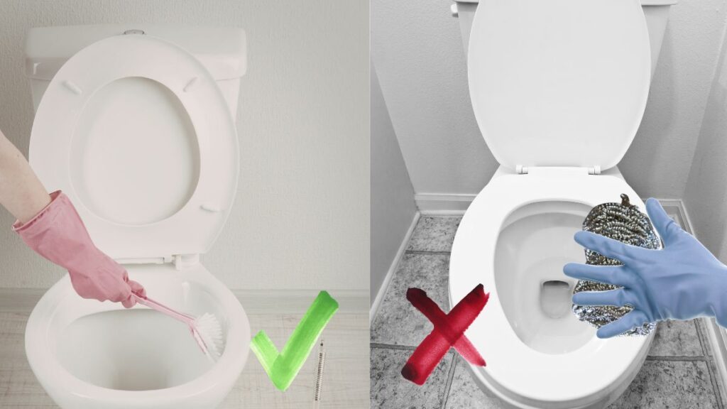 Steel wool cleaning pad marked avoid next to a proper toilet brush