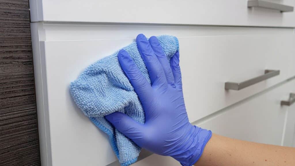 Baking soda paste applied to remove heavy grease from kitchen cabinet