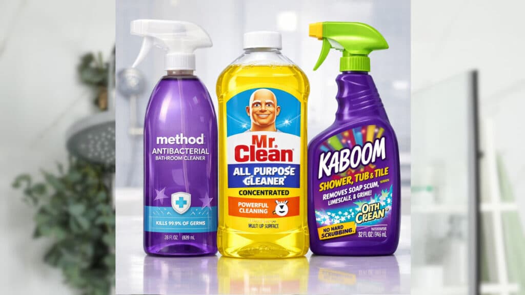 three bathroom cleaning liquids placed side by side for comparison