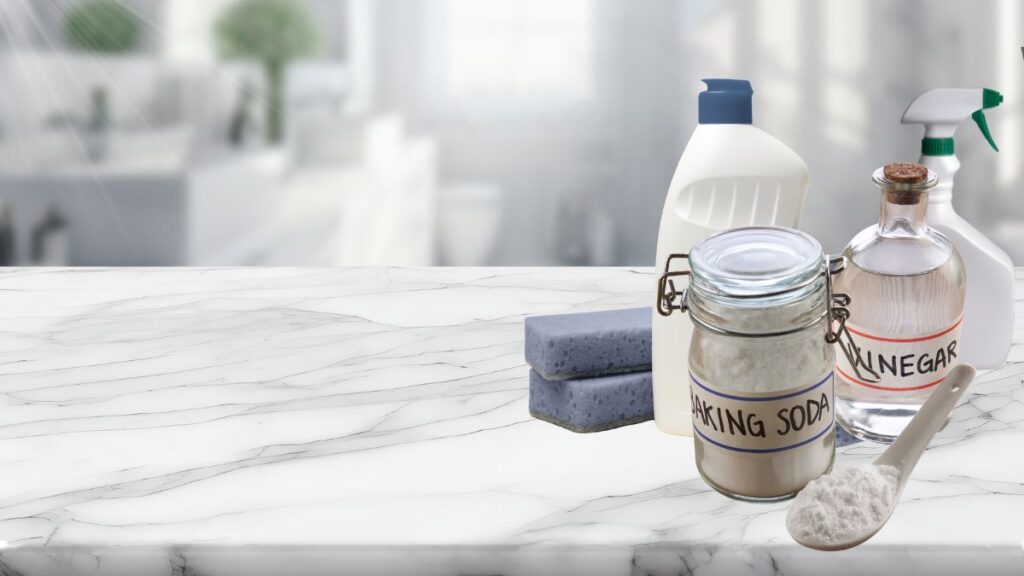 Vinegar, baking soda, and cleaning tools for bathroom maintenance
