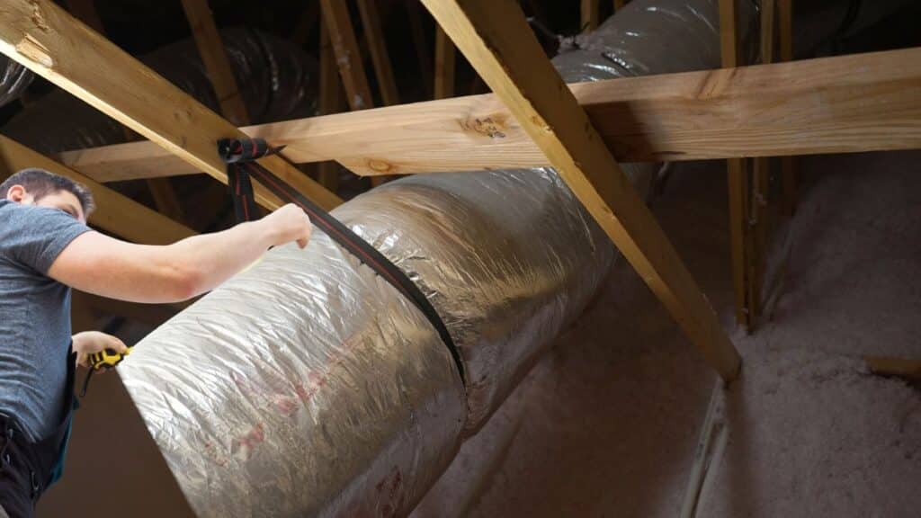 Inspecting flexible bathroom exhaust fan duct in attic for damage or disconnection