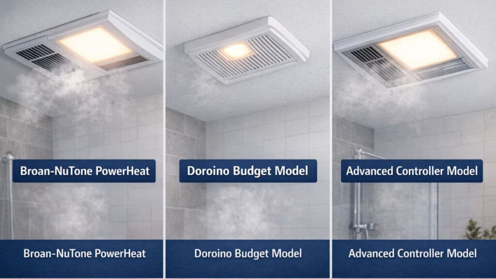 comparison of bathroom exhaust fan with heater models ceiling mounted units