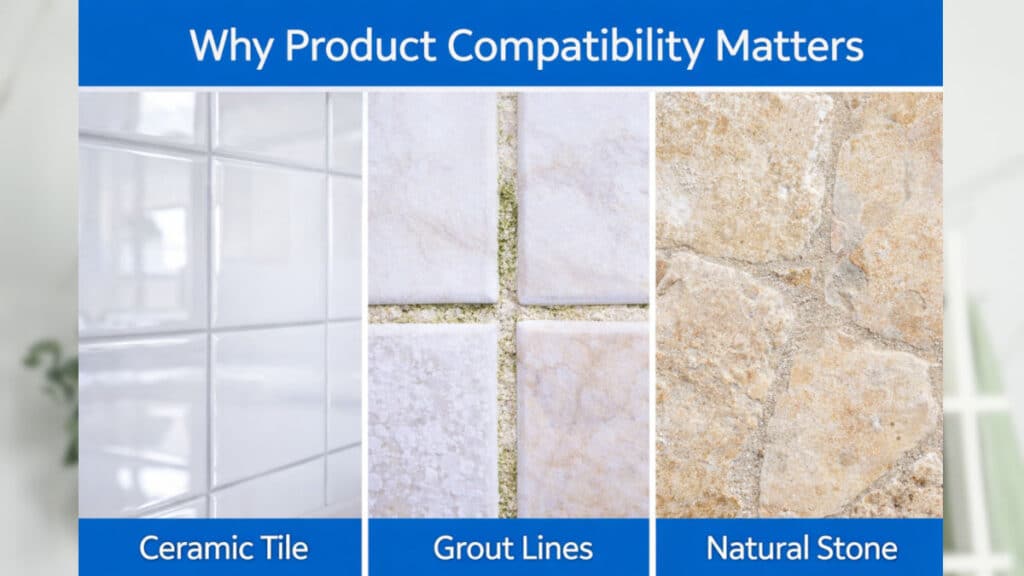 close up of bathroom tile grout and stone surfaces showing material differences