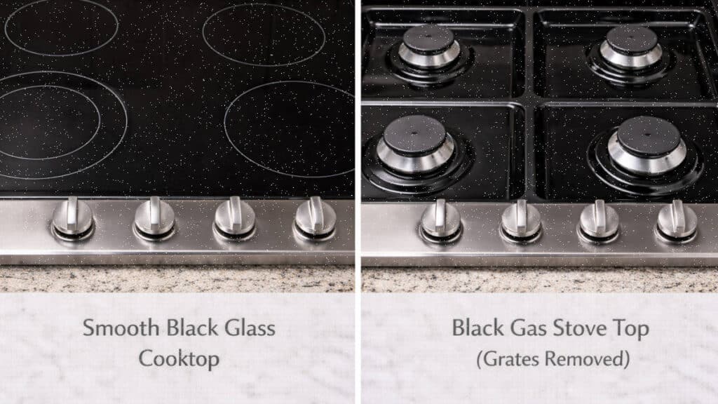 Comparison of black glass cooktop and black gas stove top with grates removed