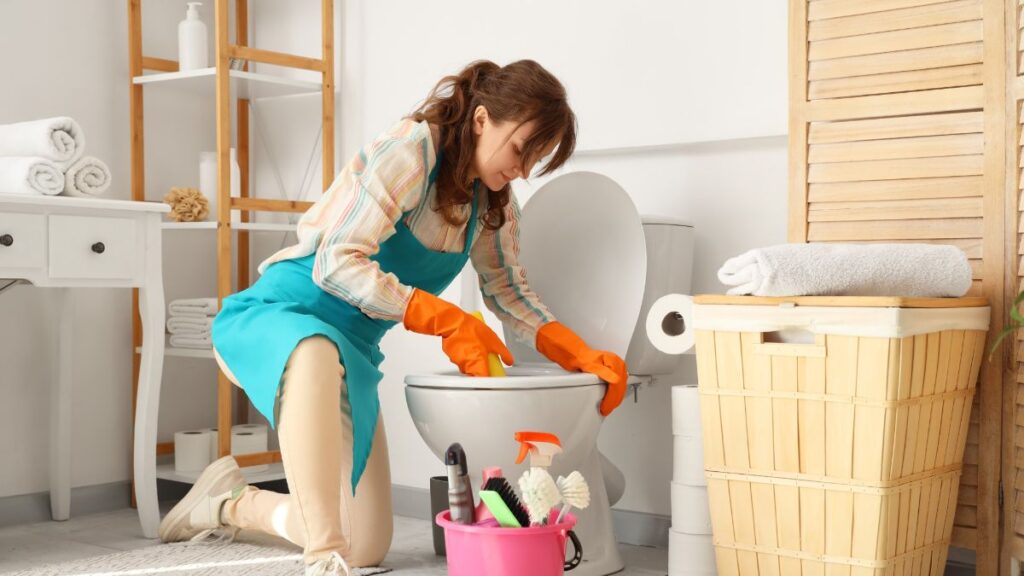 toilet brush cleaning under rim jets to remove buildup