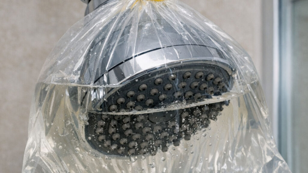 Shower head soaking in vinegar using plastic bag to remove mineral buildup