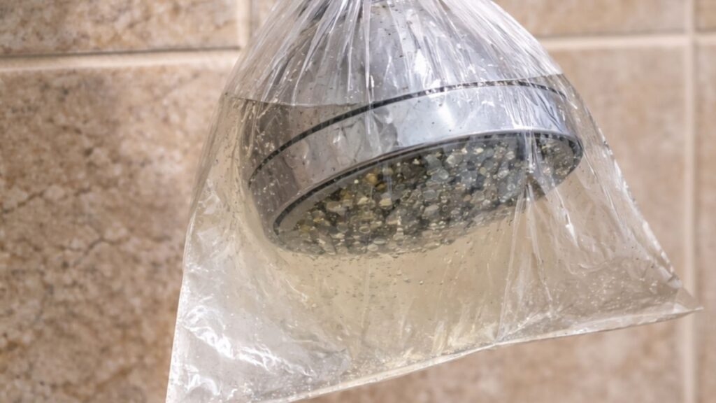 Plastic bag filled with vinegar soaking shower head to remove mineral buildup