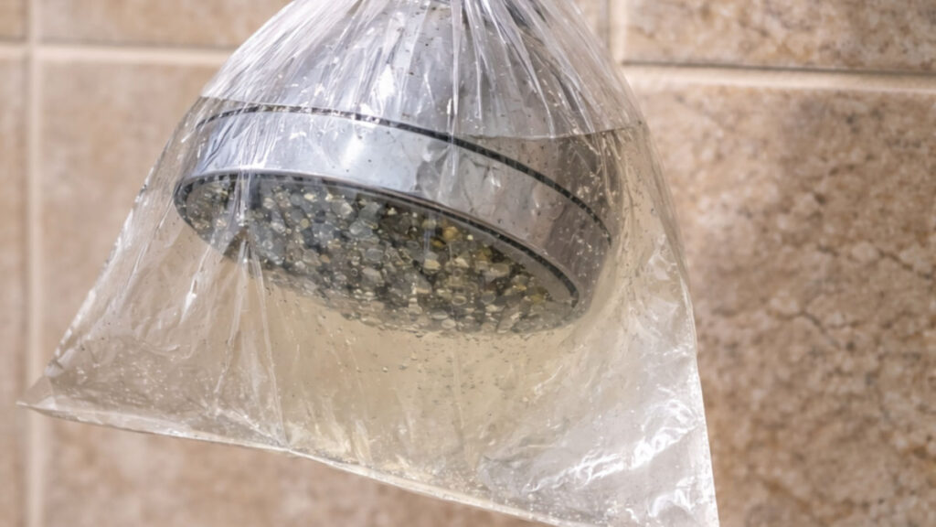cleaning shower head with vinegar using bag soak method