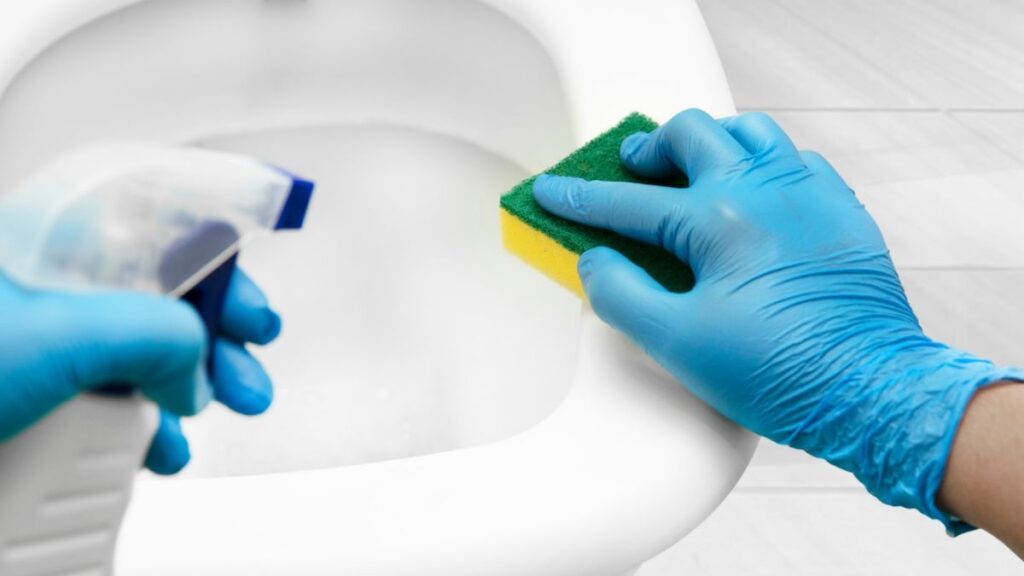 scrubbing toilet bowl with cleaner for hard water stains