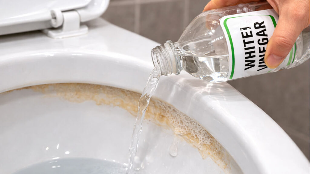 pouring vinegar into toilet bowl with baking soda for stain removal
