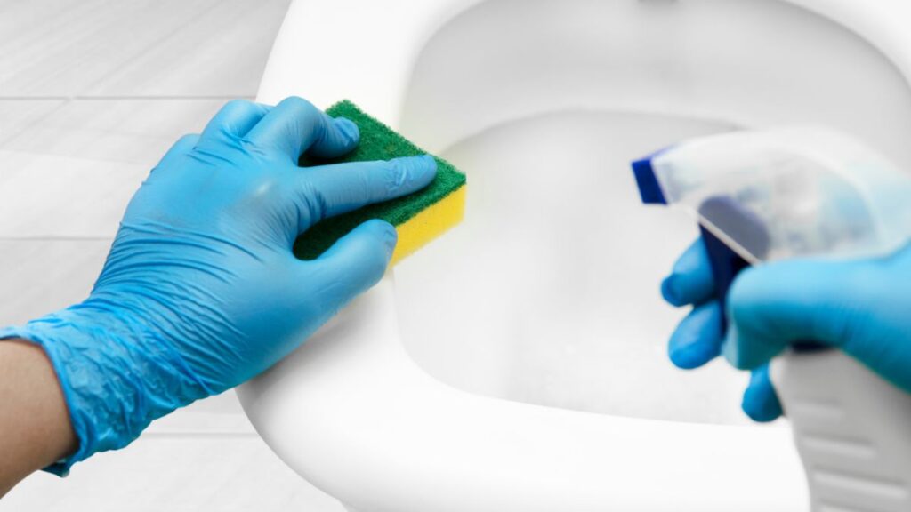 Scrubbing toilet bowl with vinegar and baking soda to remove stains