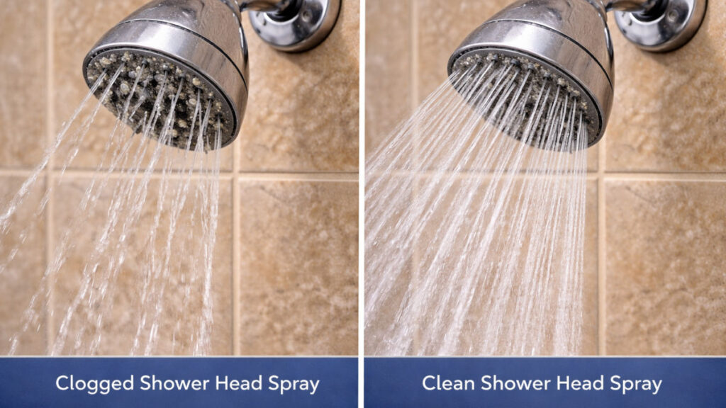 side by side comparison of clogged shower head spray pattern and clean spray pattern