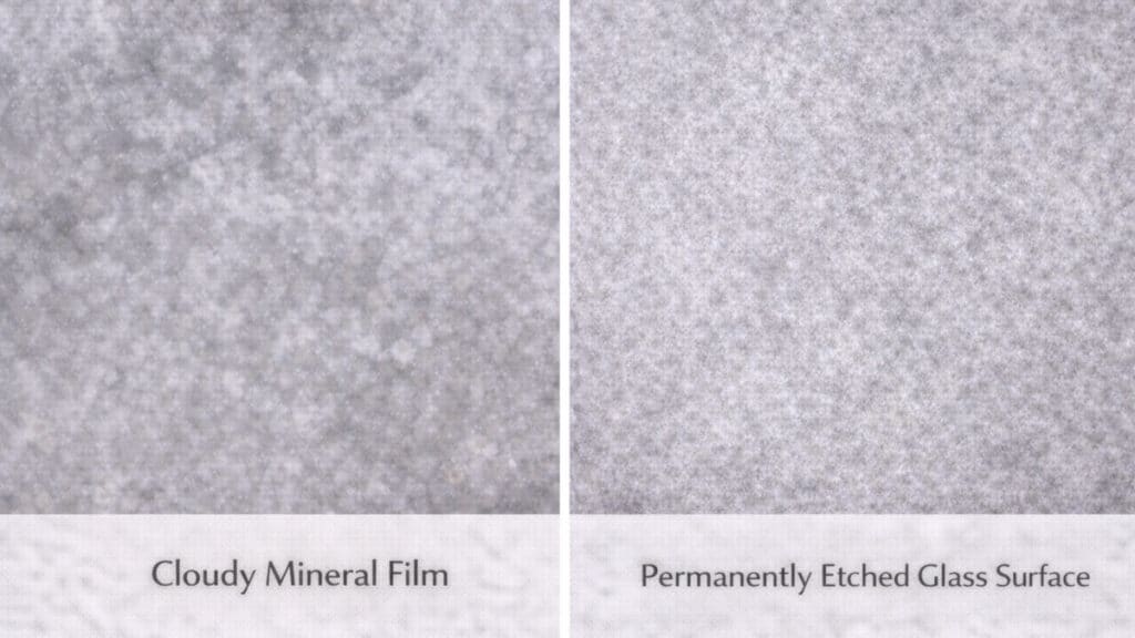 Cloudy residue compared to etched damage on black glass cooktop surface