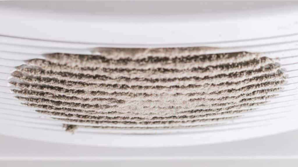 Dust and debris buildup inside bathroom exhaust fan housing and blades