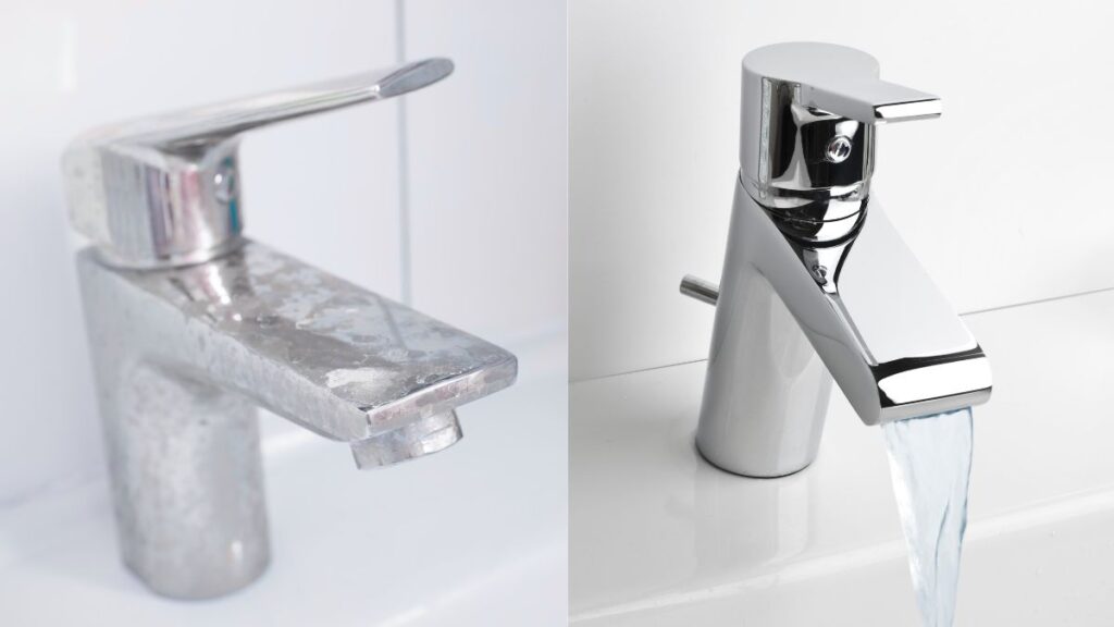 Hard water mineral buildup on bathroom faucet before and after vinegar cleaning