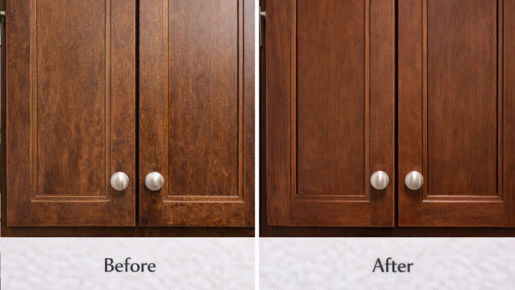 Before and after comparison showing years of grease removed from painted kitchen cabinets