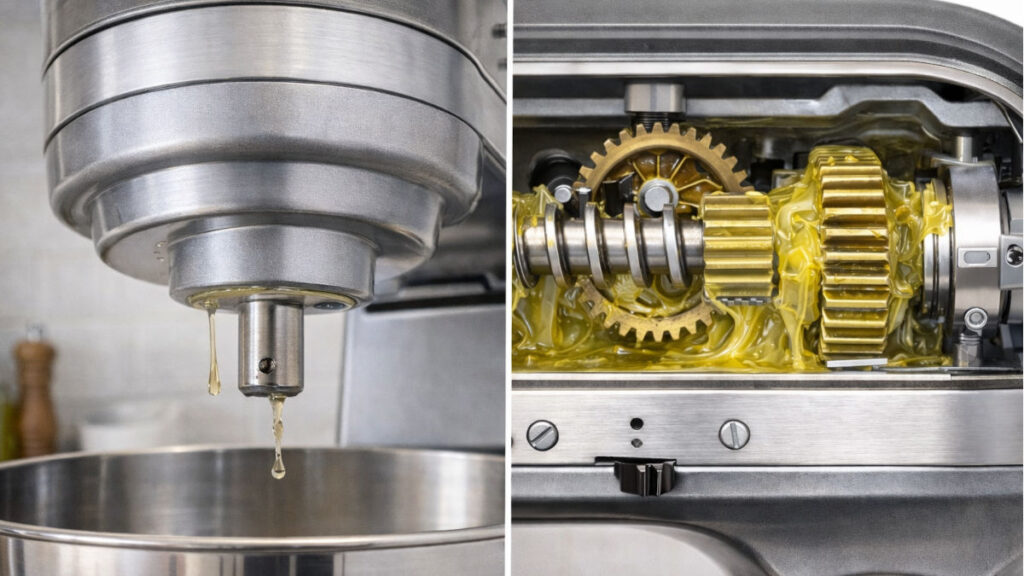 Oil leaking from stand mixer head compared with properly lubricated mixer gearbox
