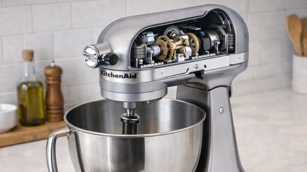 KitchenAid stand mixer with top housing opened showing internal gearbox grease