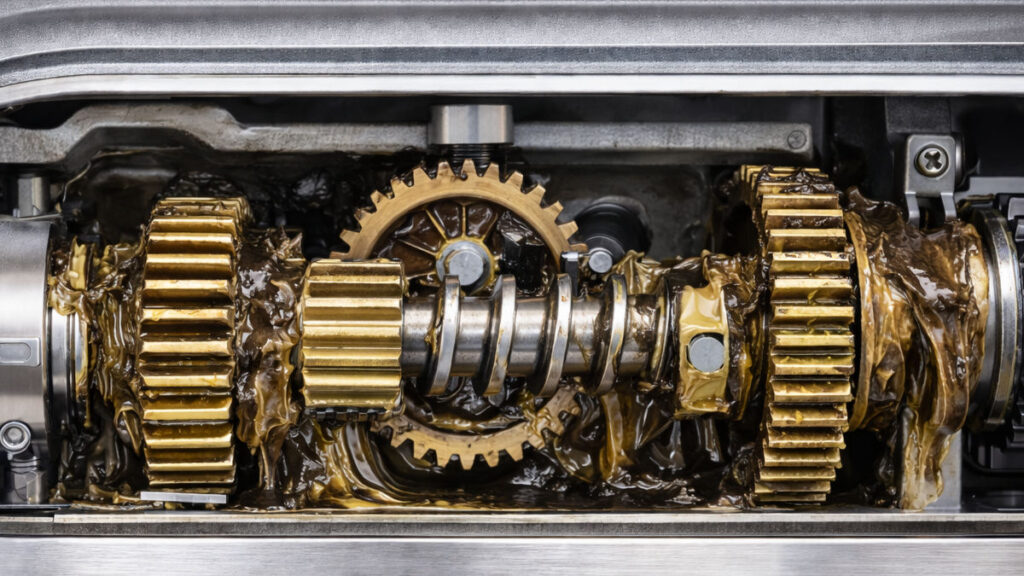 KitchenAid mixer gearbox with old grease visible on gears during maintenance