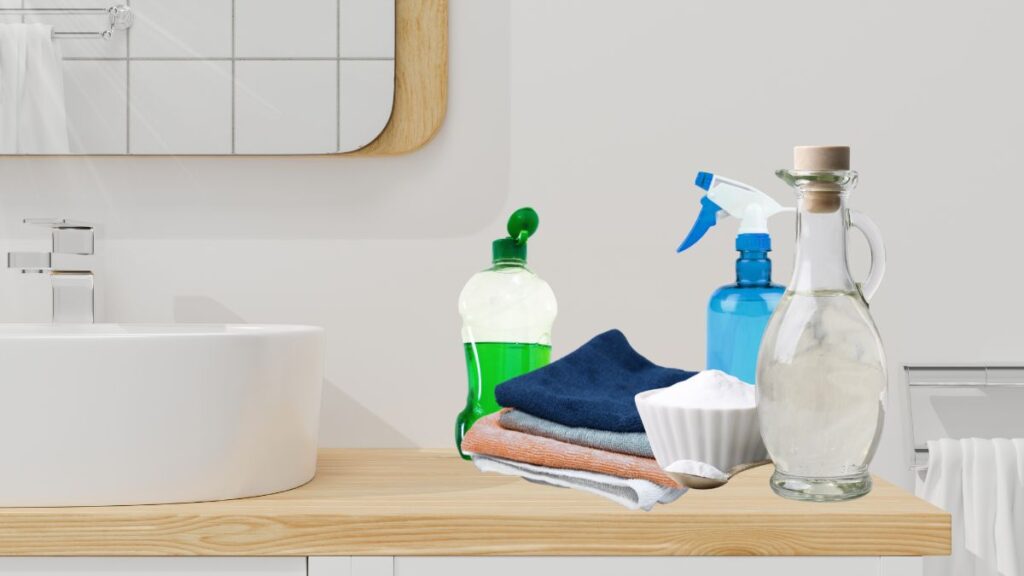 Non toxic bathroom cleaning supplies including vinegar baking soda spray bottle and microfiber cloth on bathroom counter