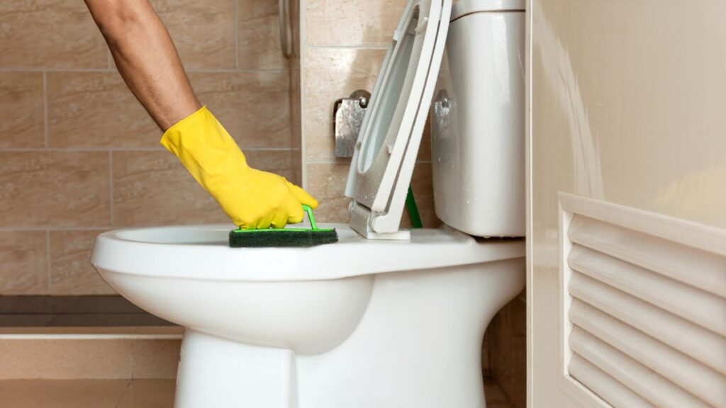 scrubbing toilet bowl with brush after soaking with Coca Cola
