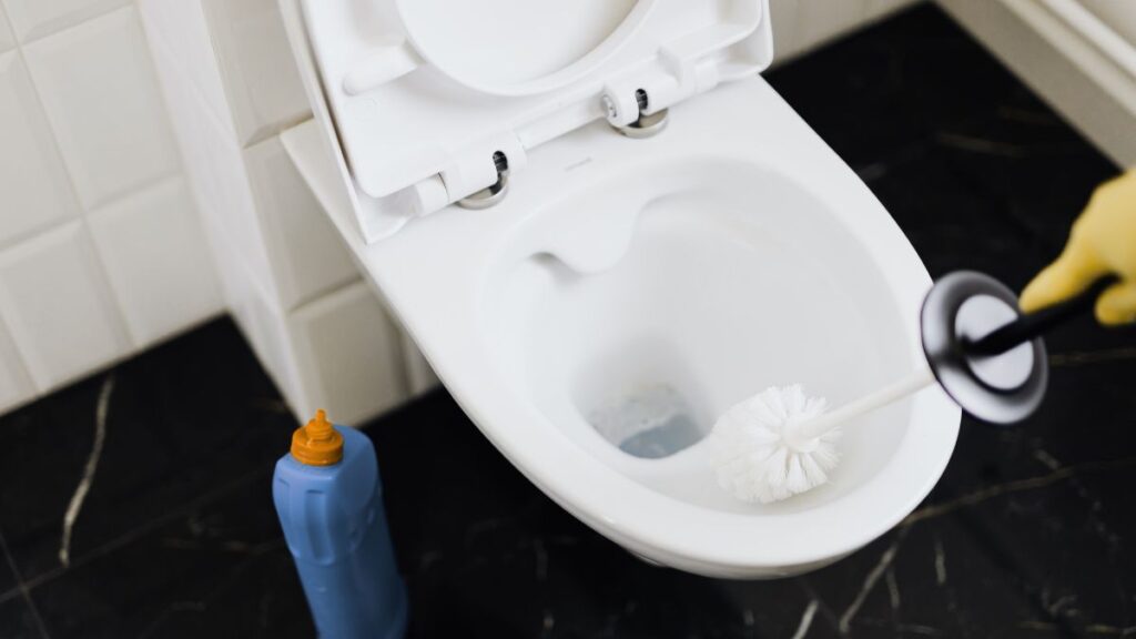 scrubbing toilet bowl with brush after vinegar soak